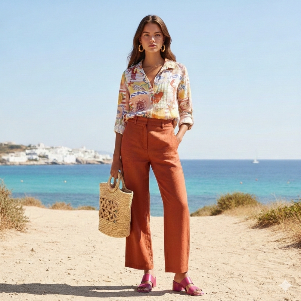 Calypso St Barth Linen Blend Mediterranean Print Tunic L  Resortwear Vacation